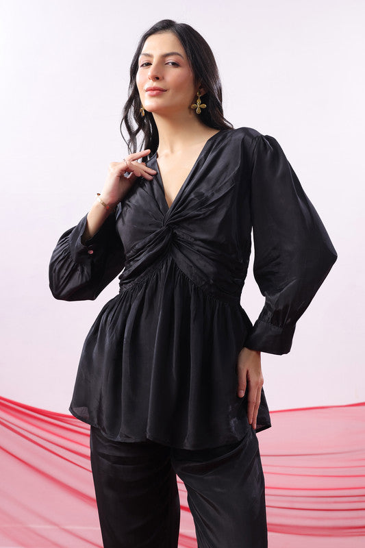 Black Solid Ruched Front Knot Detail Co-ord Set