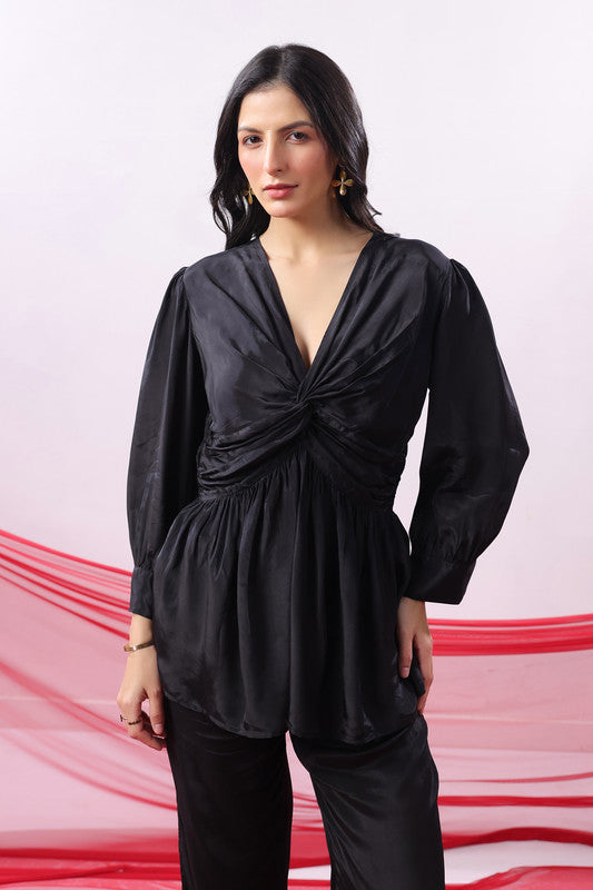 Black Solid Ruched Front Knot Detail Co-ord Set