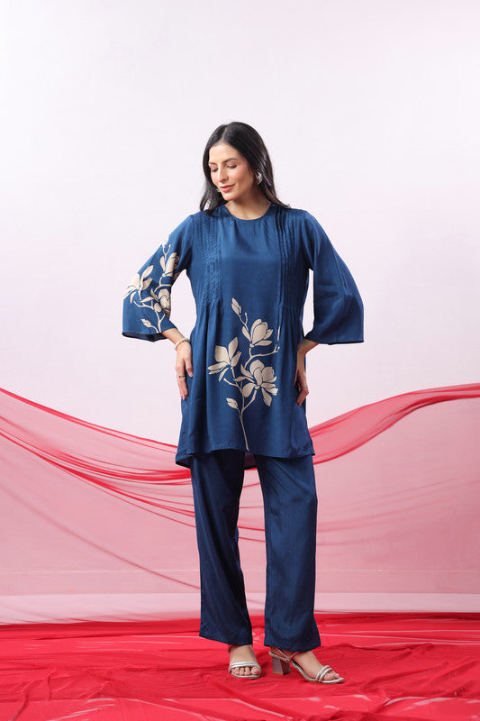 Navy Blue Floral Motif Printed Co-ord Set