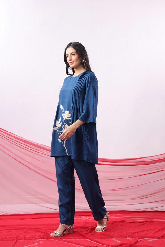 Navy Blue Floral Motif Printed Co-ord Set