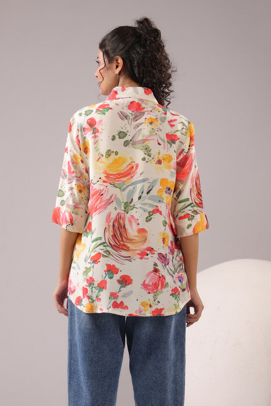 Spring Splash Printed Muslin Silk Shirt