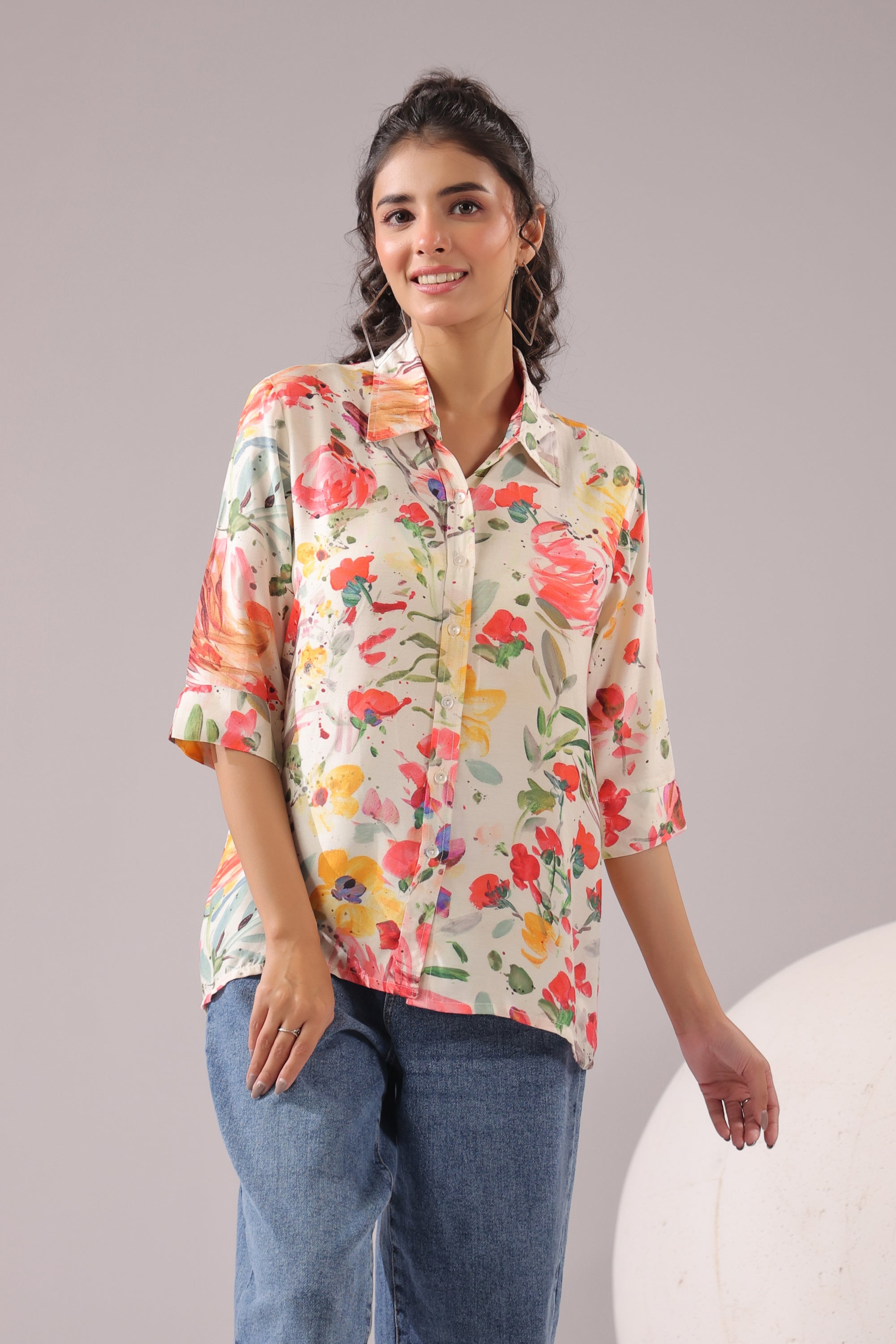 Spring Splash Printed Muslin Silk Shirt