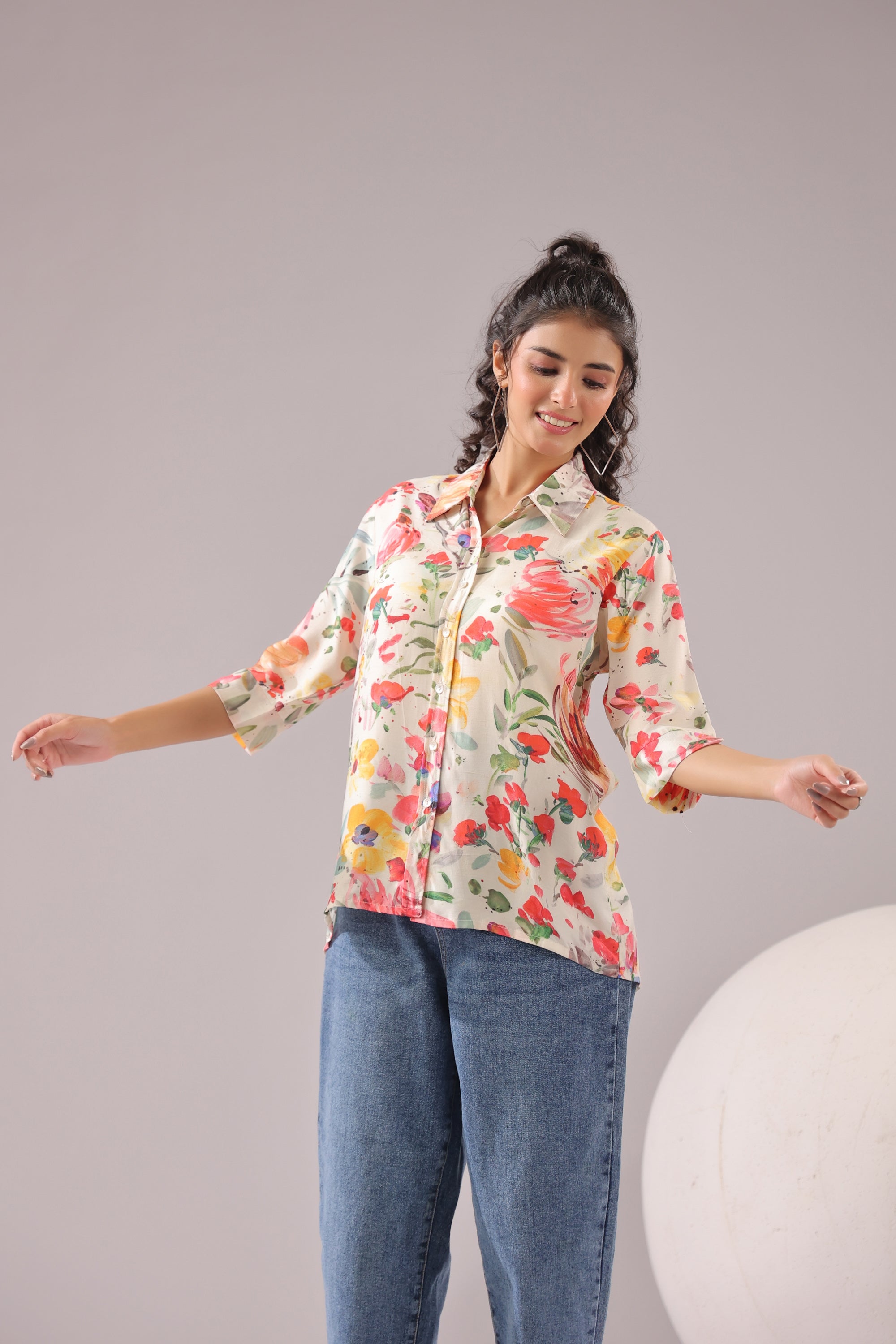 Spring Splash Printed Muslin Silk Shirt