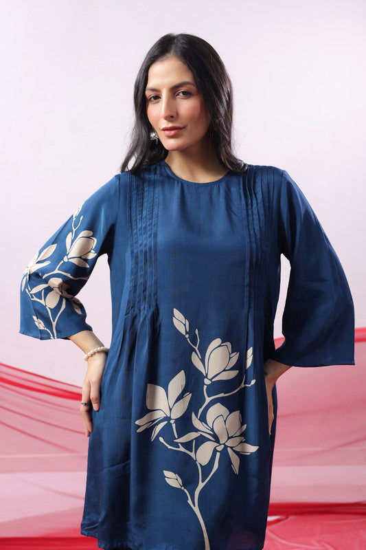 Navy Blue Floral Motif Printed Co-ord Set