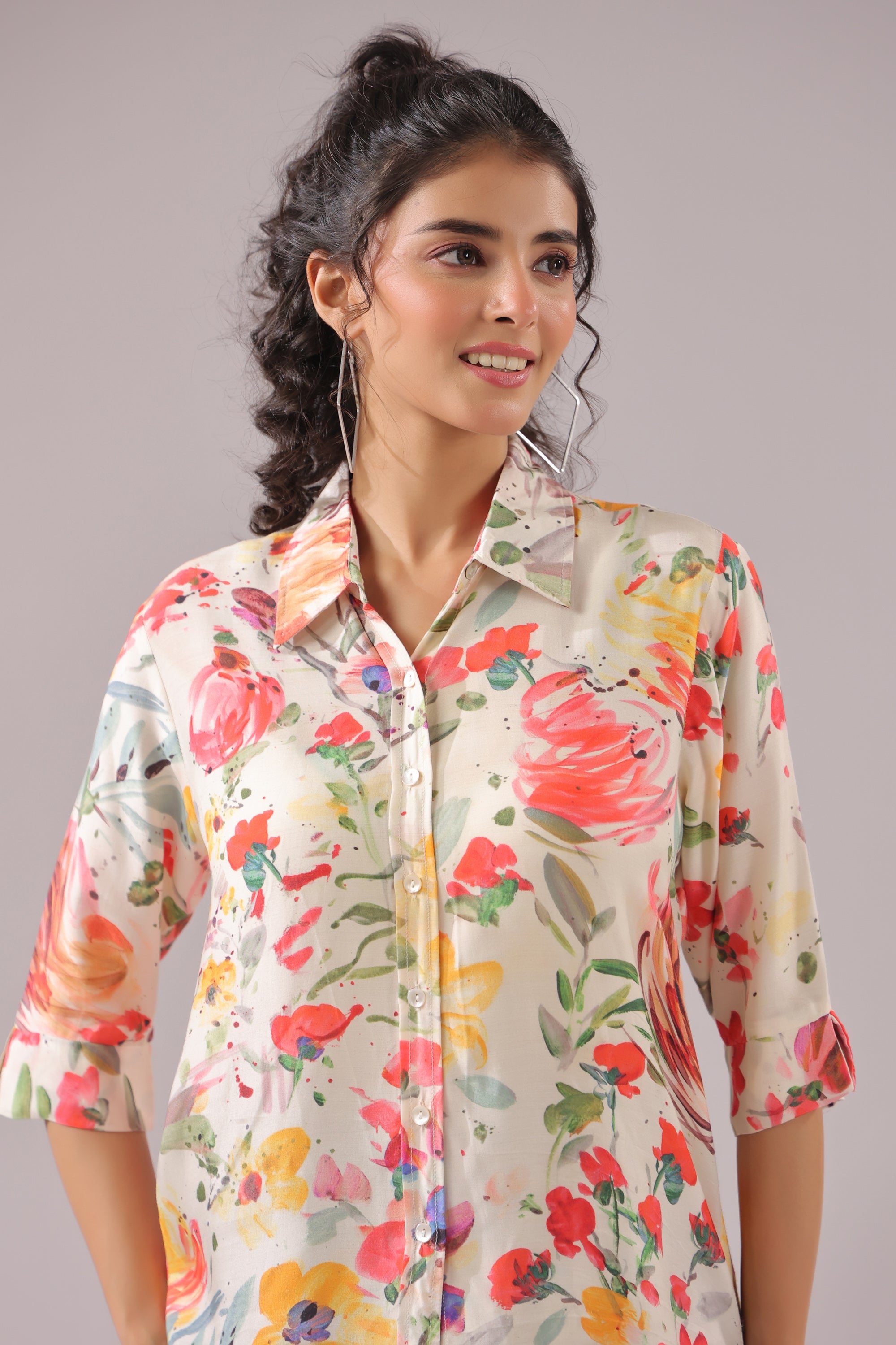 Spring Splash Printed Muslin Silk Shirt