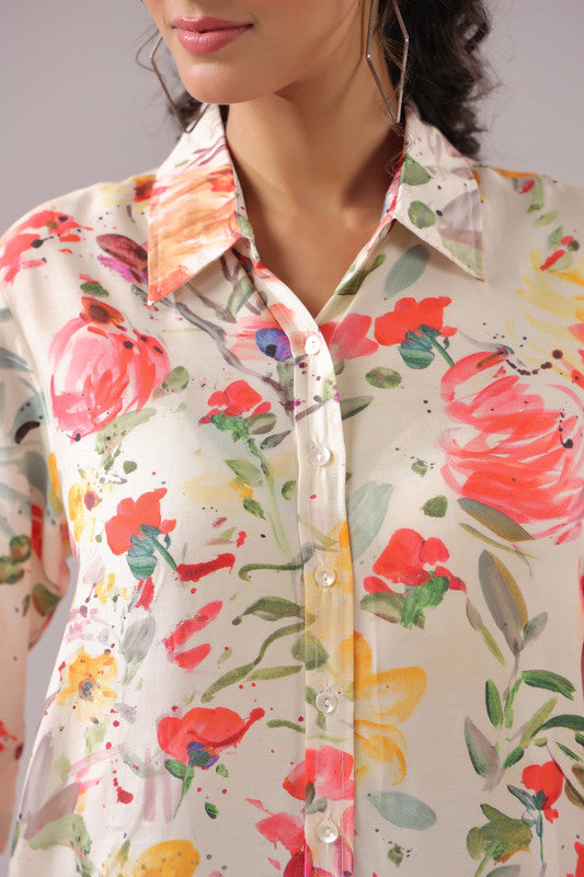 Spring Splash Printed Muslin Silk Shirt