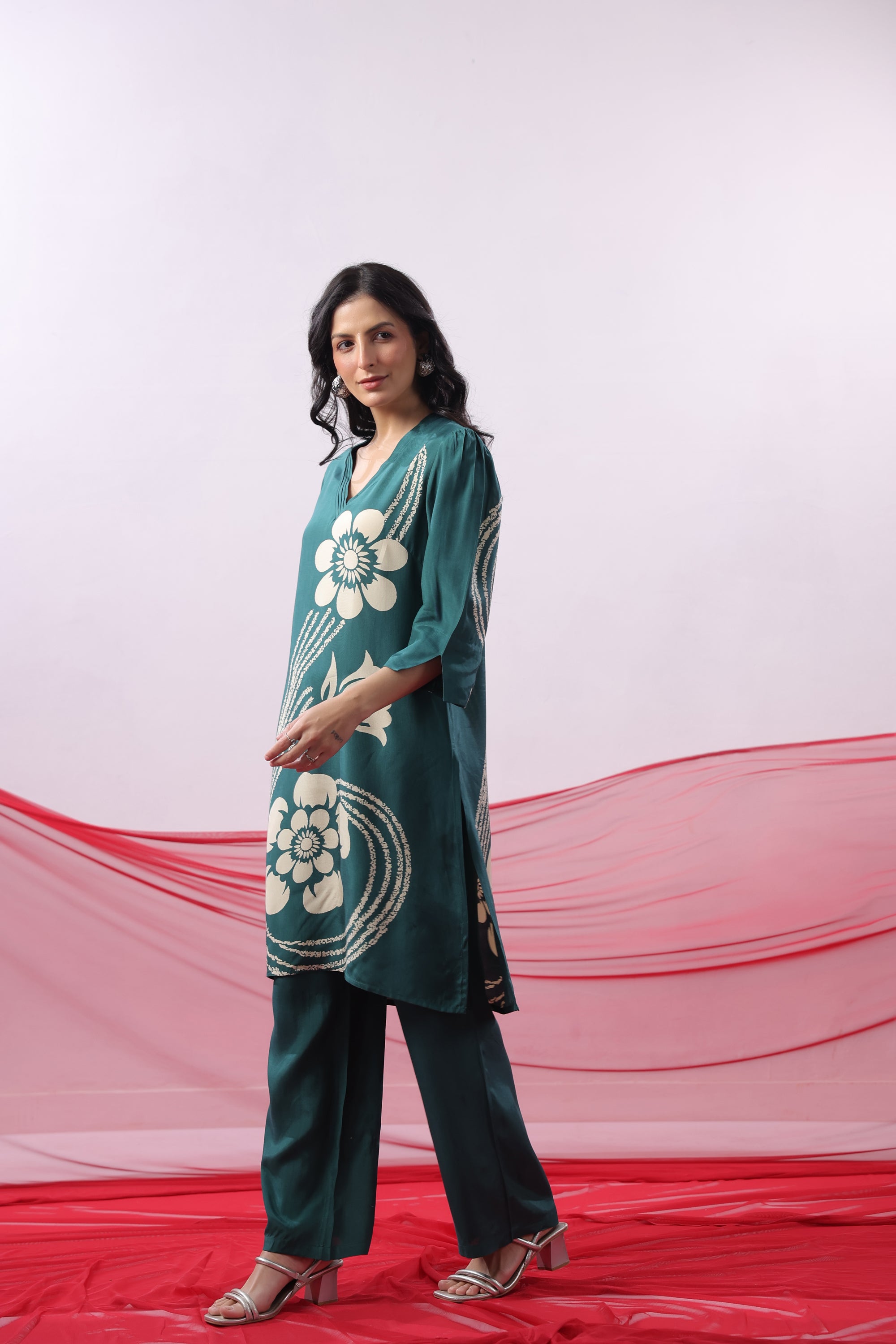 Teal Green Floral Printed Russian Silk Co-ord Set