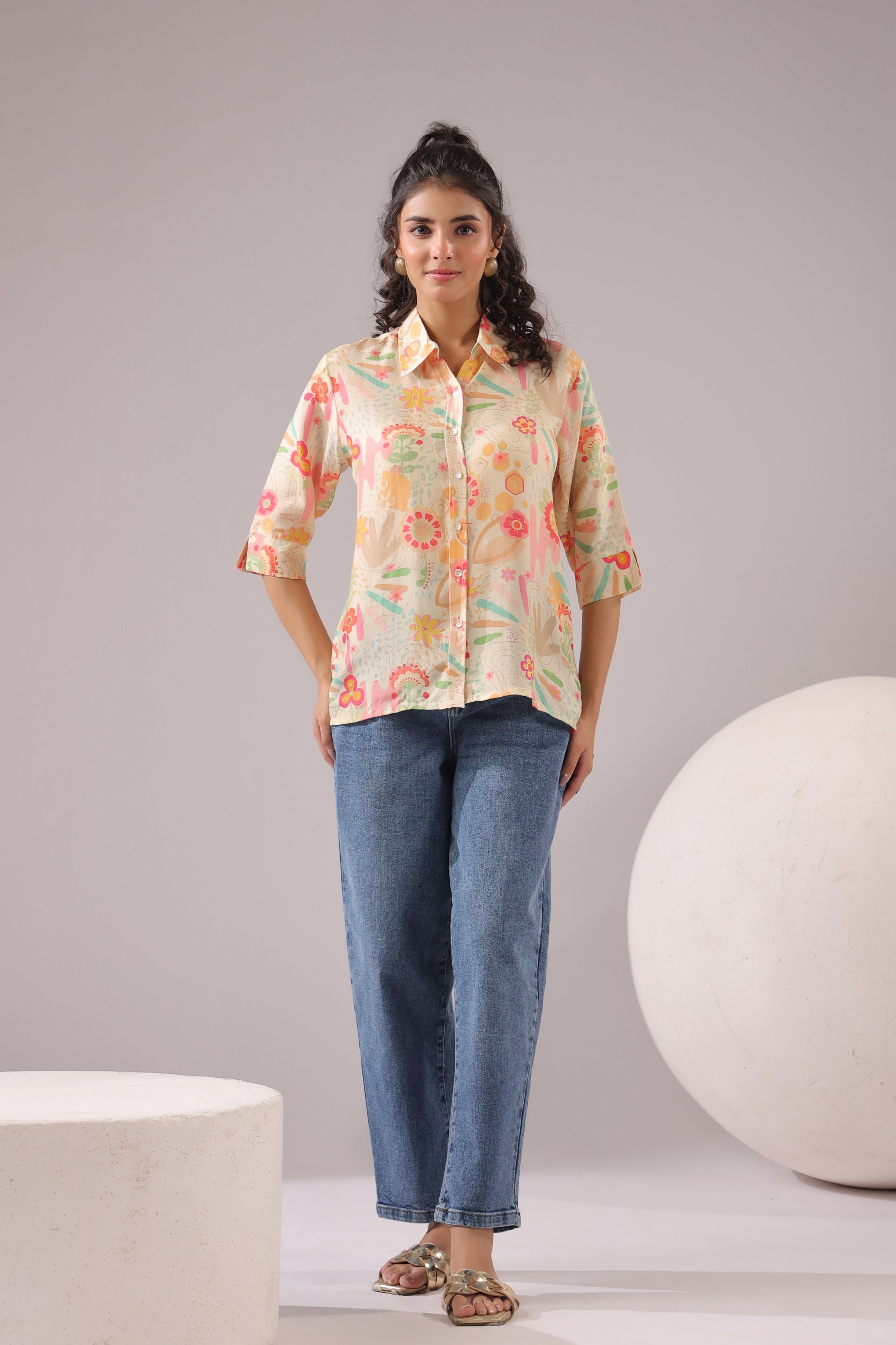 Peach Bloom Printed Muslin Silk Shirt