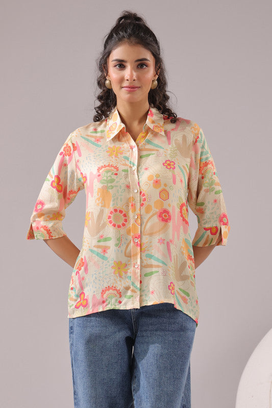 Peach Bloom Printed Muslin Silk Shirt