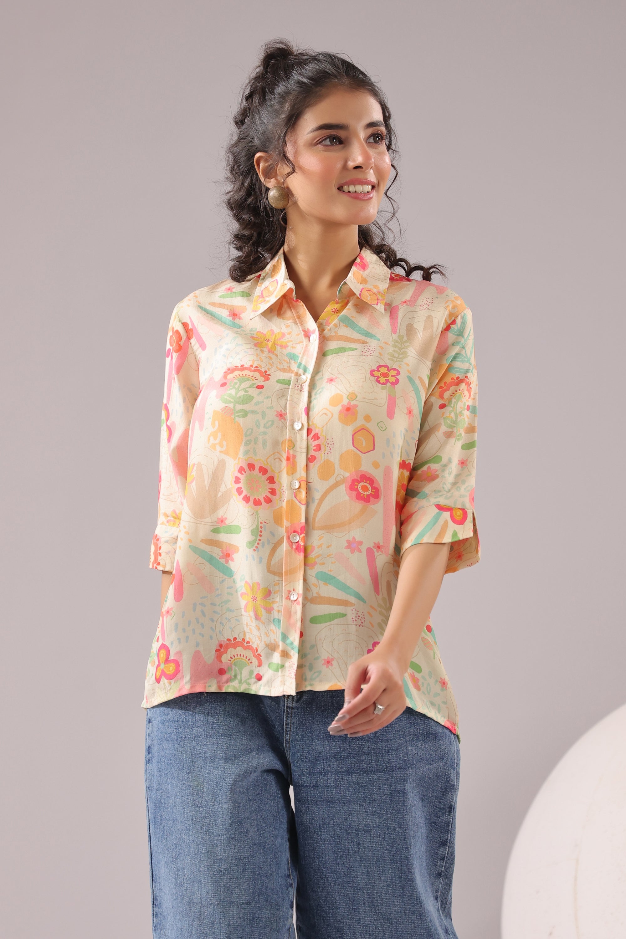 Peach Bloom Printed Muslin Silk Shirt