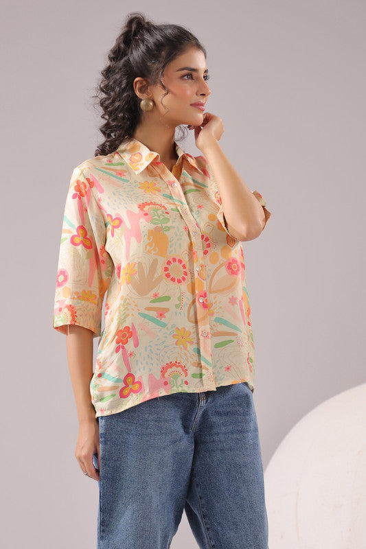 Peach Bloom Printed Muslin Silk Shirt
