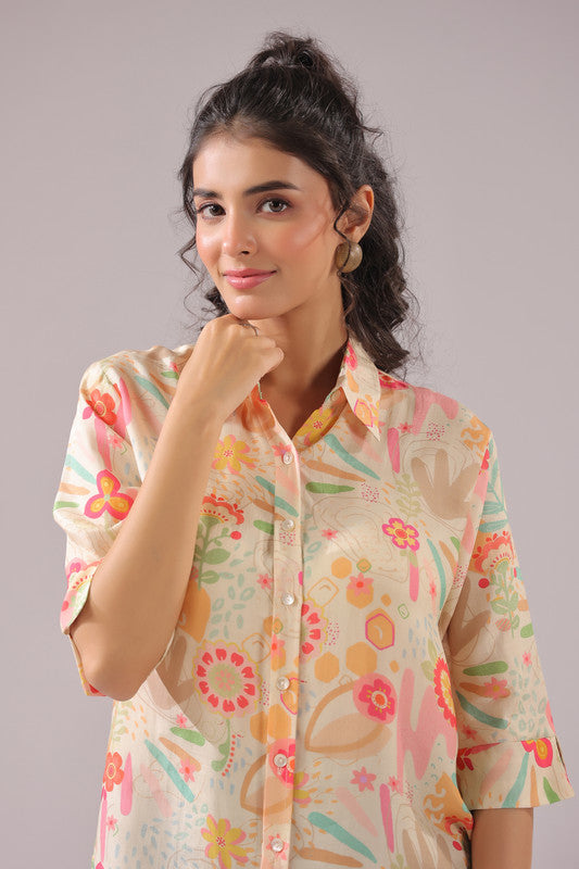 Peach Bloom Printed Muslin Silk Shirt