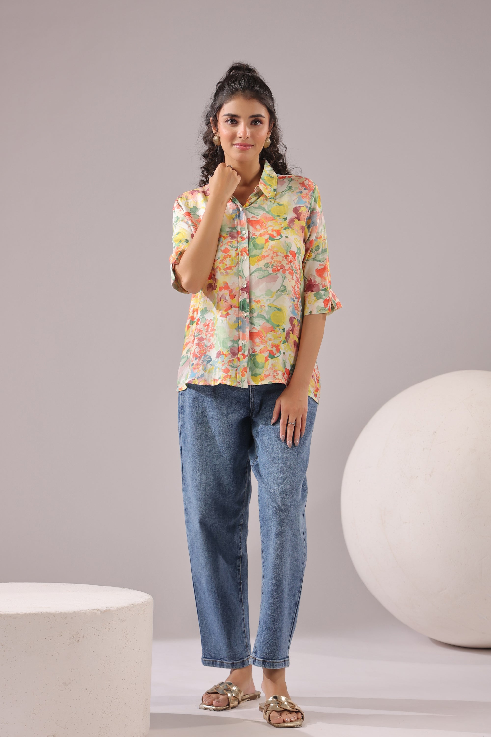 Sunlit Petal Printed Muslin Silk Shirt