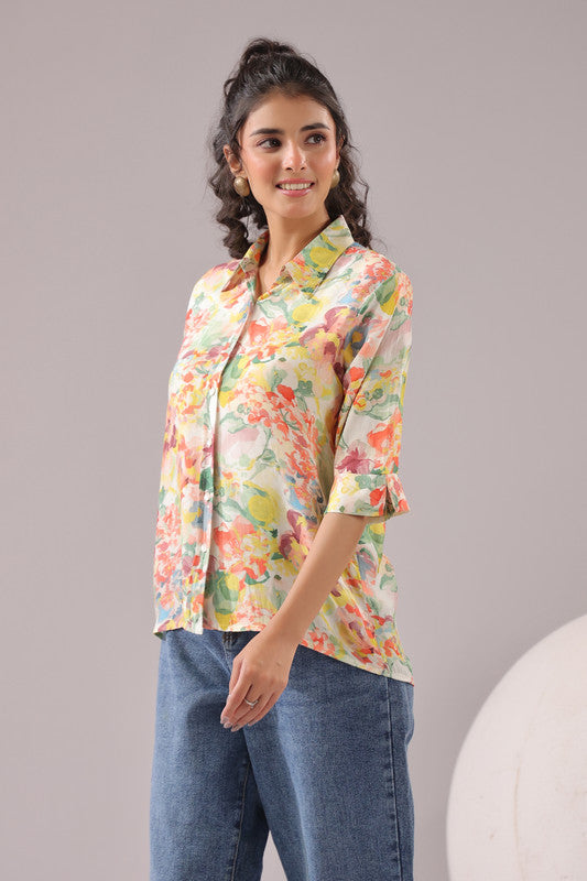 Sunlit Petal Printed Muslin Silk Shirt