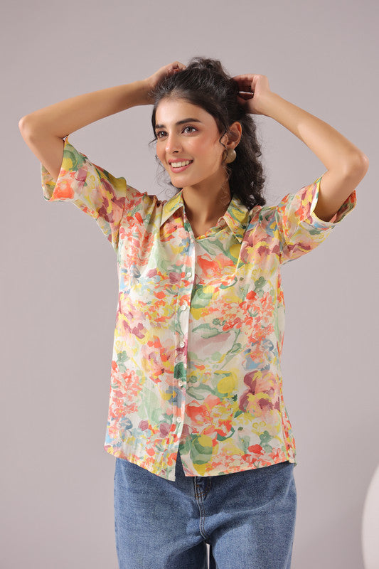 Sunlit Petal Printed Muslin Silk Shirt