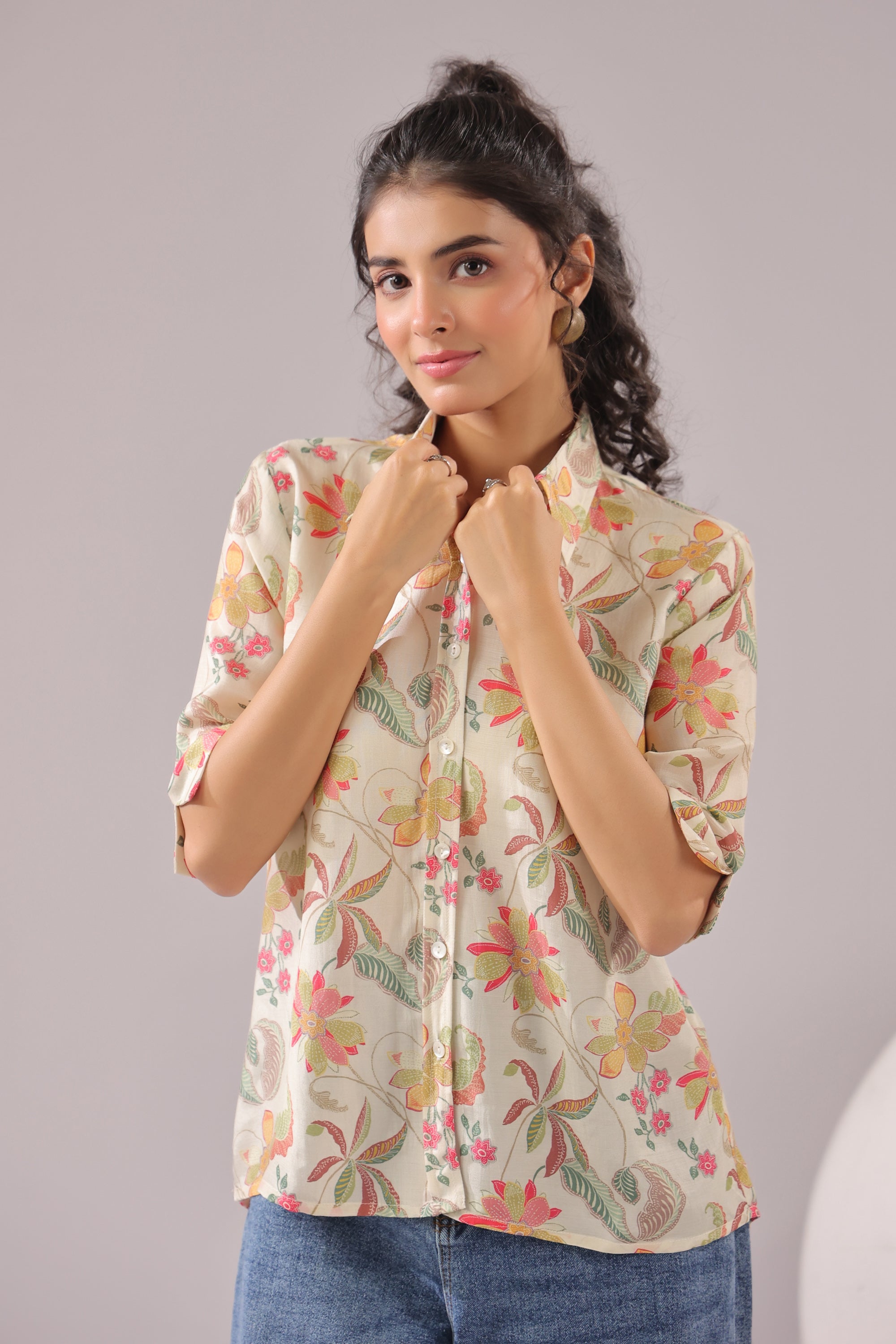 Ivory Blossom Printed Muslin Silk Shirt