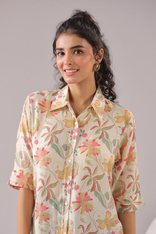 Ivory Blossom Printed Muslin Silk Shirt