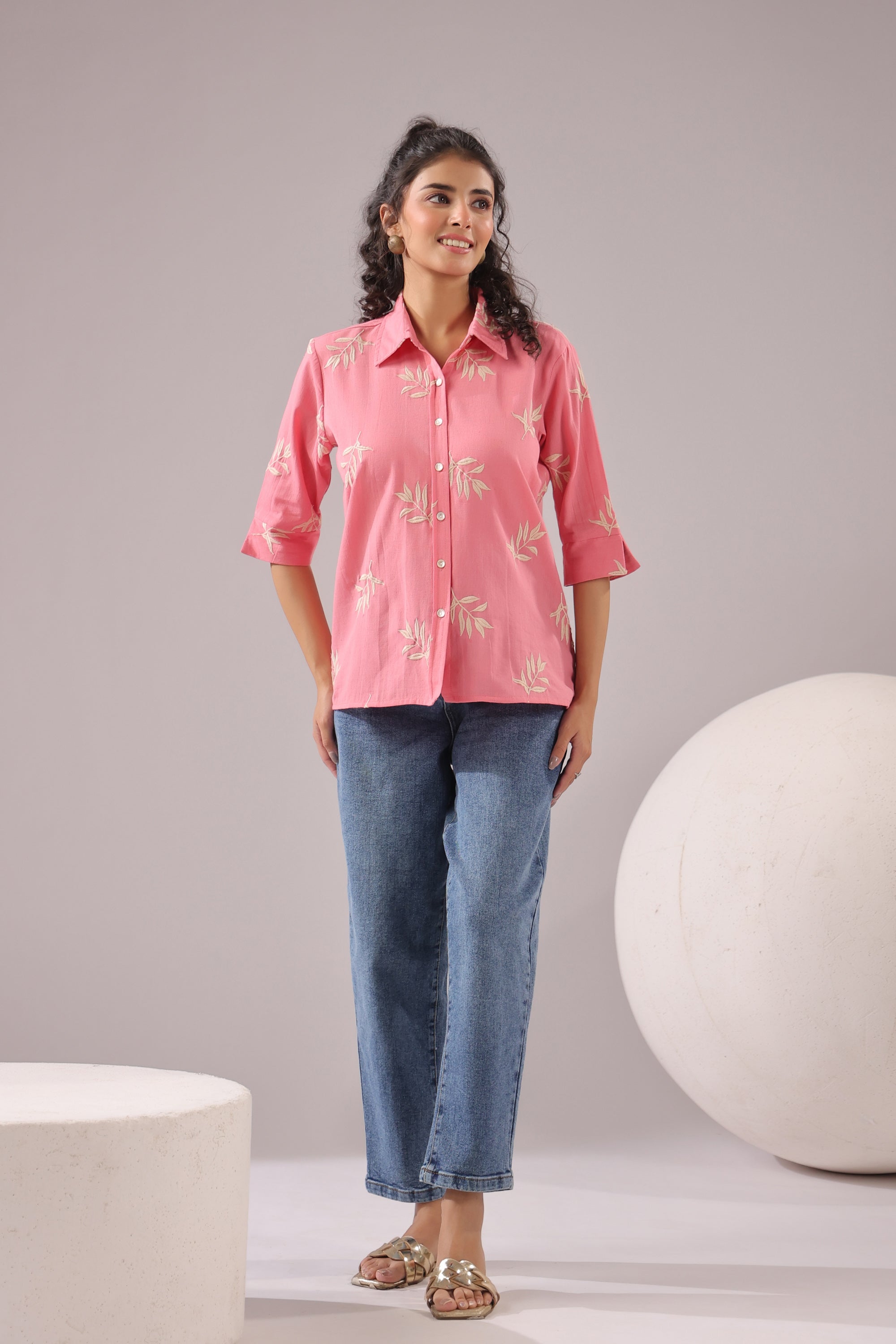 Coral Leaf Embroidered Cotton Flex Shirt