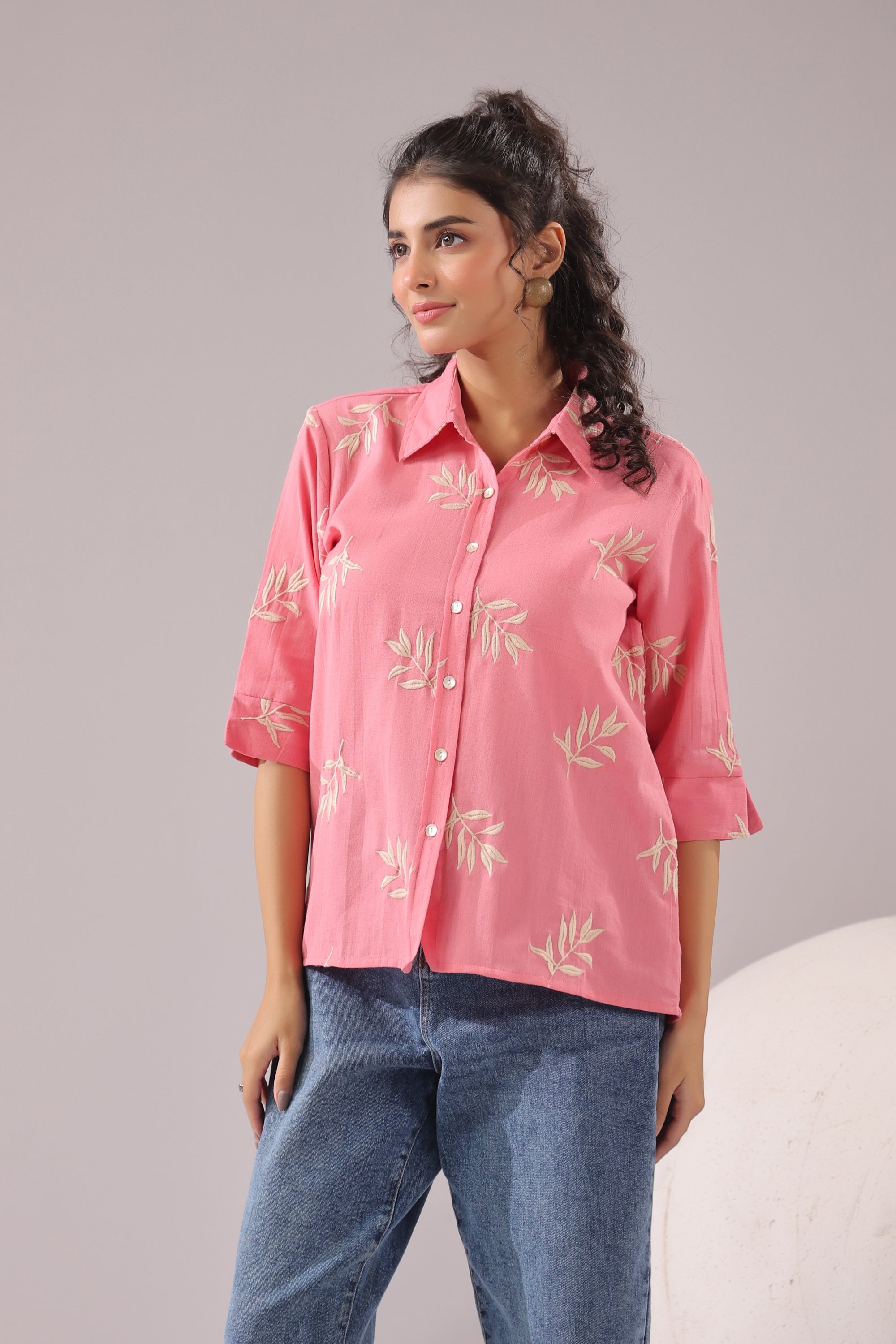 Coral Leaf Embroidered Cotton Flex Shirt