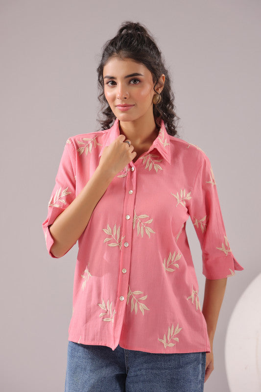 Coral Leaf Embroidered Cotton Flex Shirt