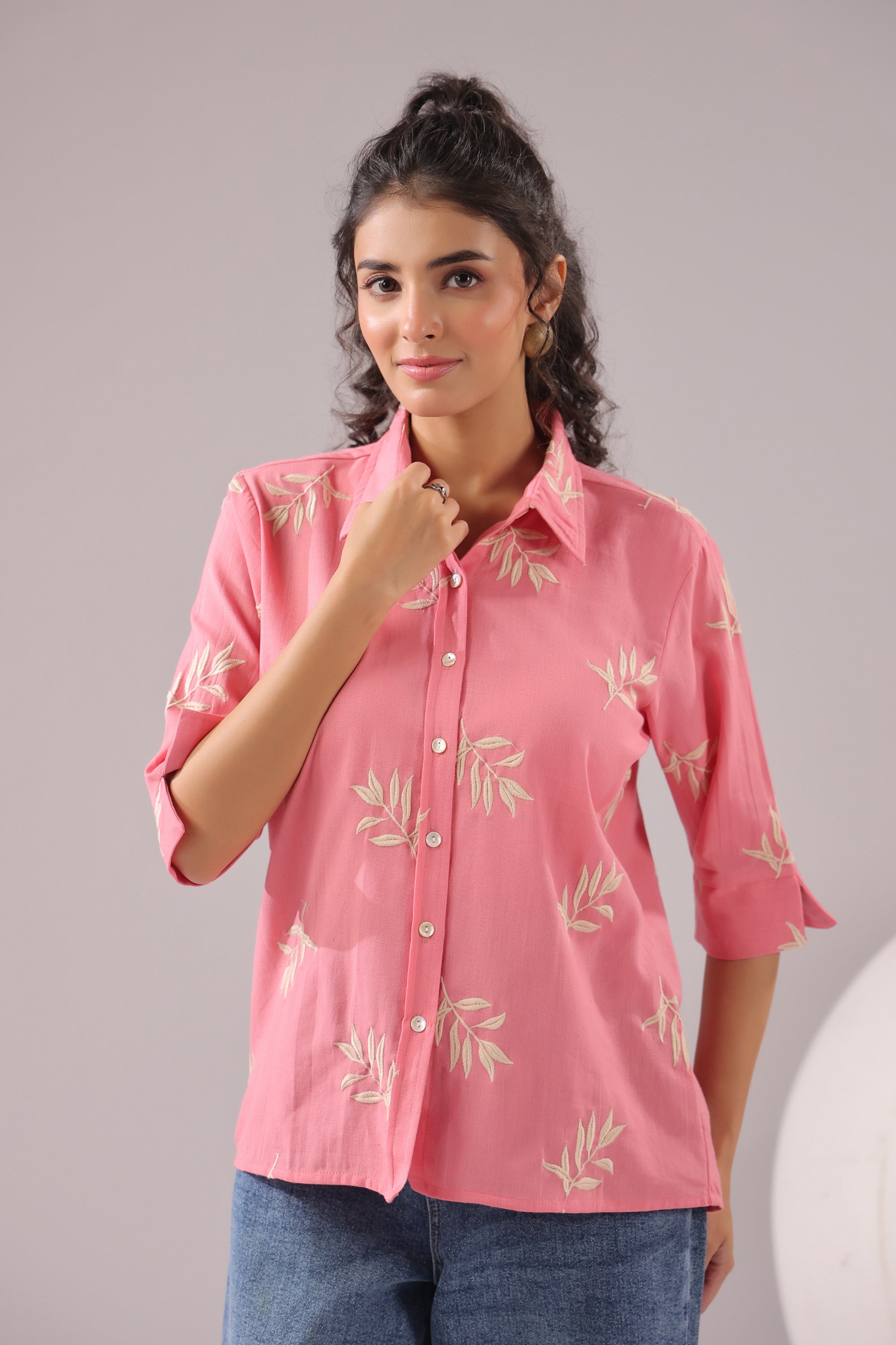 Coral Leaf Embroidered Cotton Flex Shirt