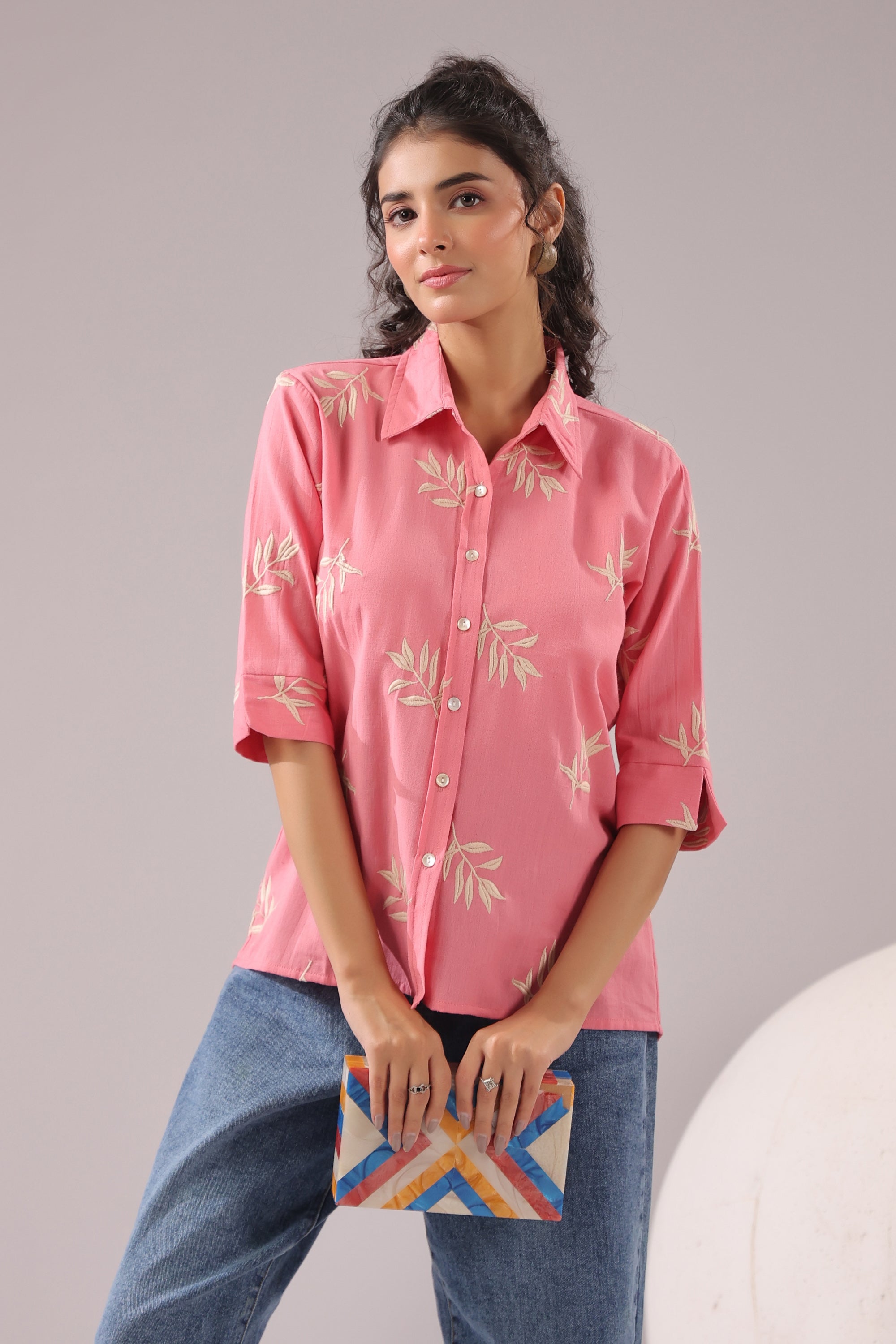 Coral Leaf Embroidered Cotton Flex Shirt