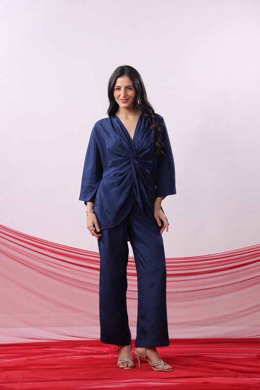 Navy Blue Twisted Solid Co-ord Set
