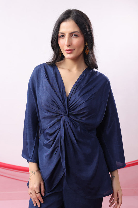 Navy Blue Twisted Solid Co-ord Set