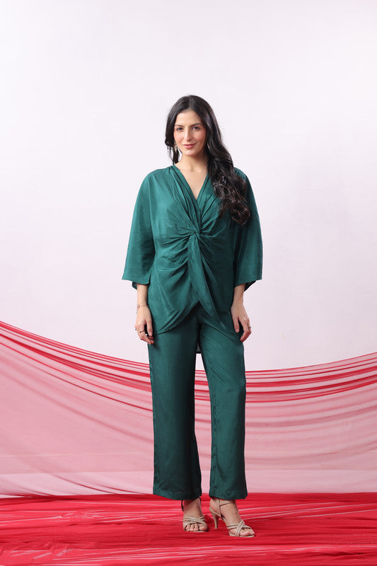 Emerald Green Solid Twist Front Elegant Co-ord Set