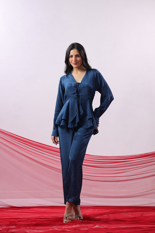 Navy Blue Solid Lace-Up Front Co-Ord Set