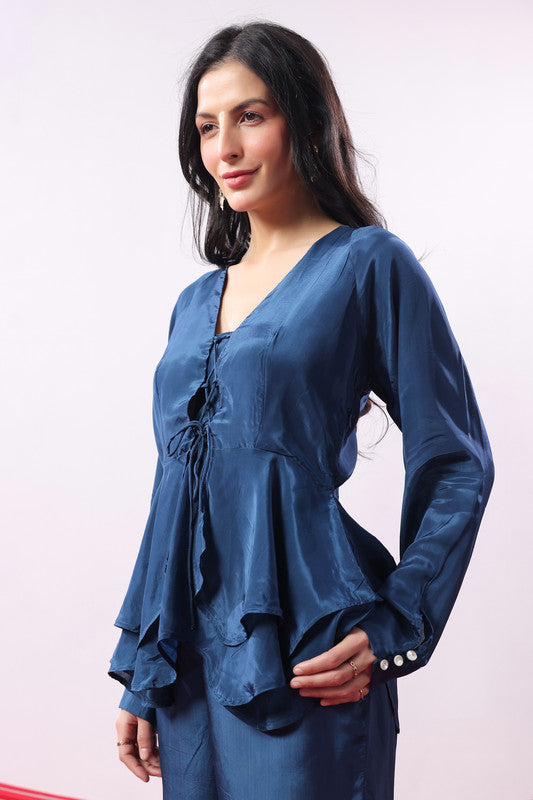 Navy Blue Solid Lace-Up Front Co-Ord Set