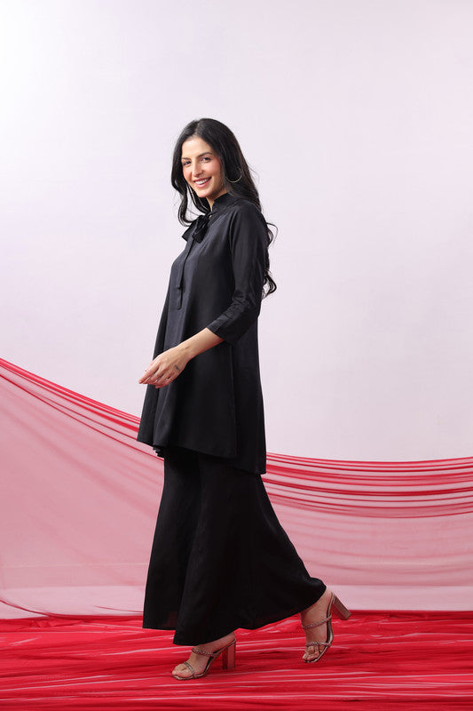 Black Solid Bow Neck Straight Co-Ord Set