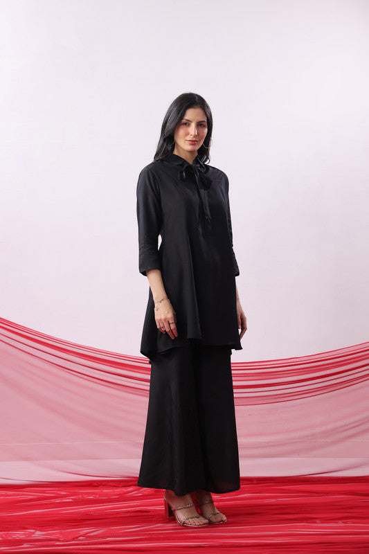 Black Solid Bow Neck Straight Co-Ord Set