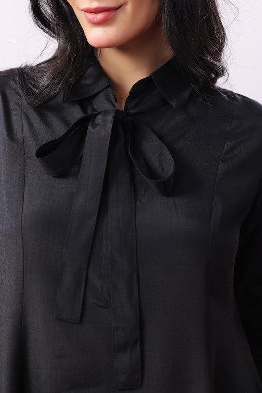 Black Solid Bow Neck Straight Co-Ord Set