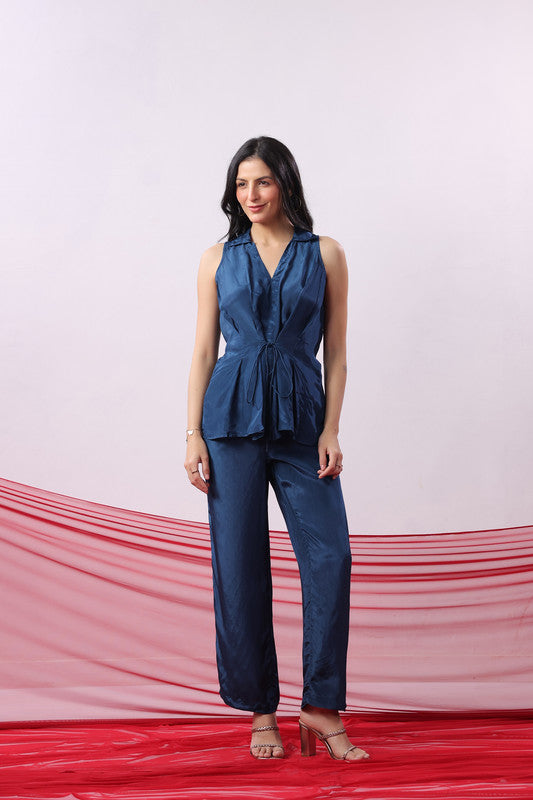 Navy Blue Solid Sleeveless Tie-Up Co-Ord Set