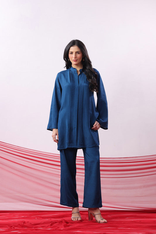 Blue Solid Pintuck Detail Co-Ord Set