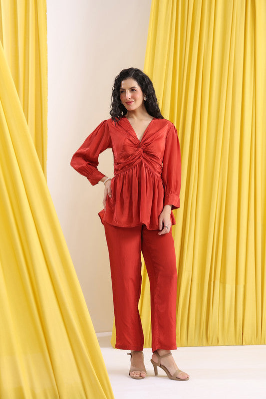 Rust Solid Elegant Front Twist Detail Co-ord Set