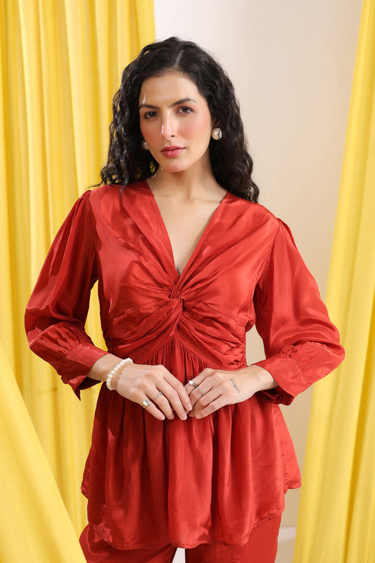 Rust Solid Elegant Front Twist Detail Co-ord Set