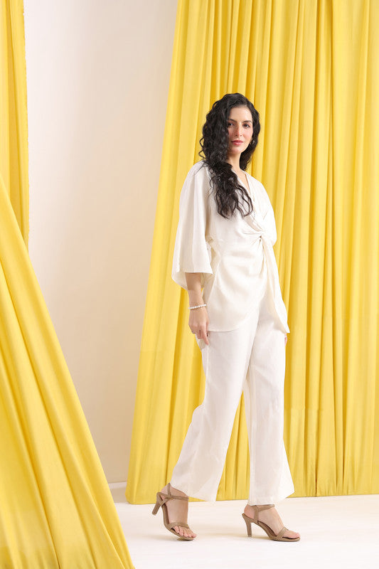 Off-White Solid Front Knot Wrap Style Co-ord Set