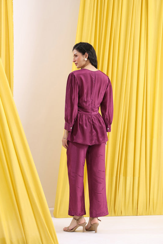 Wine Solid Ruched Front Knot Detail Co-ord Set