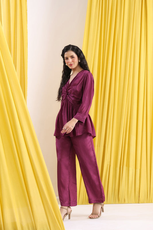 Wine Solid Ruched Front Knot Detail Co-ord Set