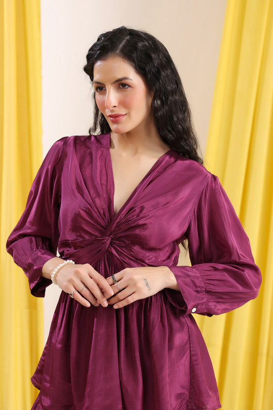 Wine Solid Ruched Front Knot Detail Co-ord Set