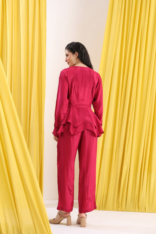 Wine Solid Layered Peplum Tie-Up Co-ord Set