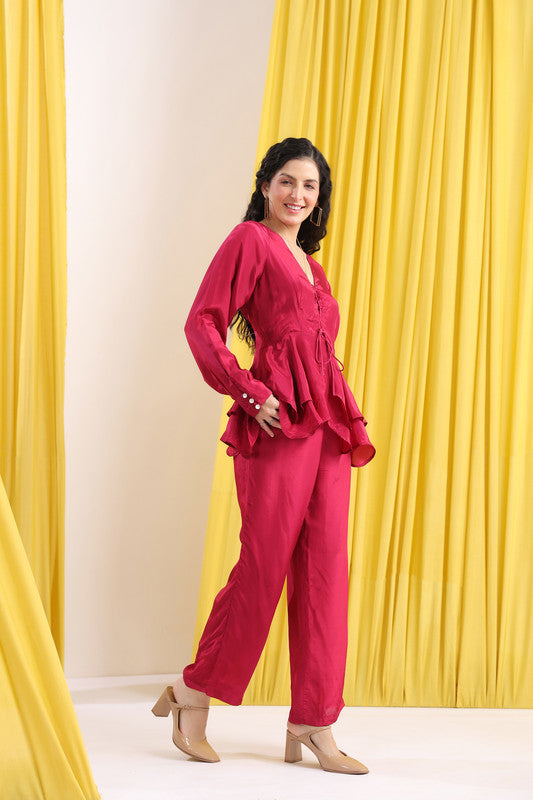 Wine Solid Layered Peplum Tie-Up Co-ord Set