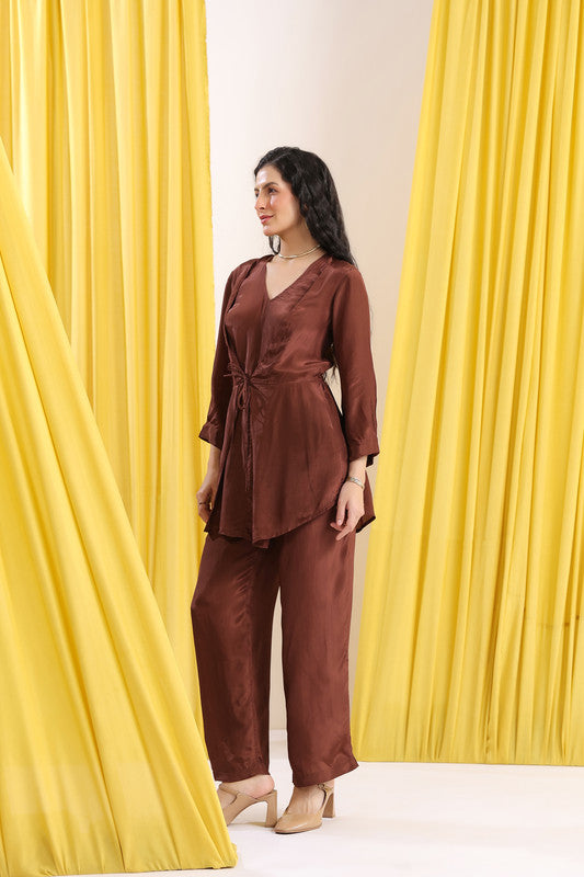 Brown Solid Wrap Minimal Casual Co-ord Set