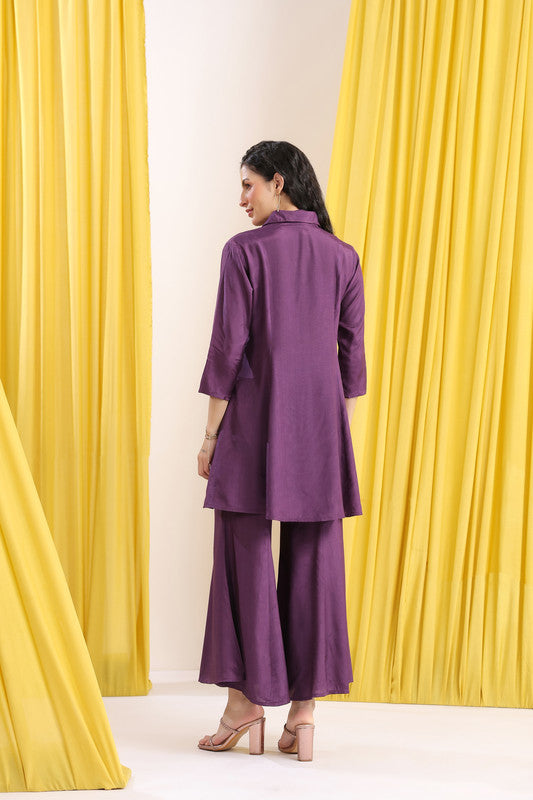 Purple Solid Tie-Up Neck Co-Ord Set