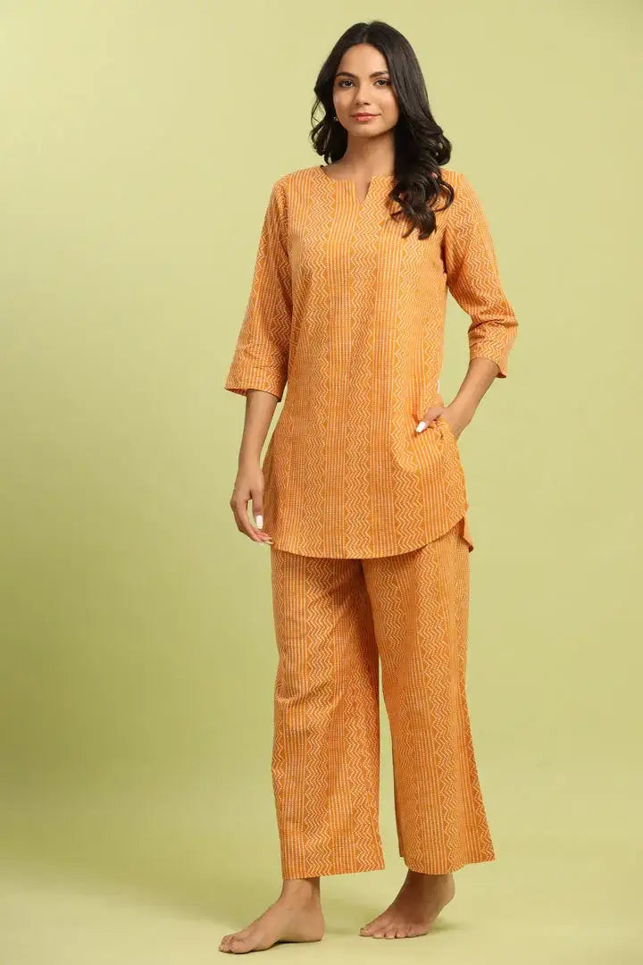 Patterned Bandhej on Cotton Mustard Palazzo Loungewear Set
