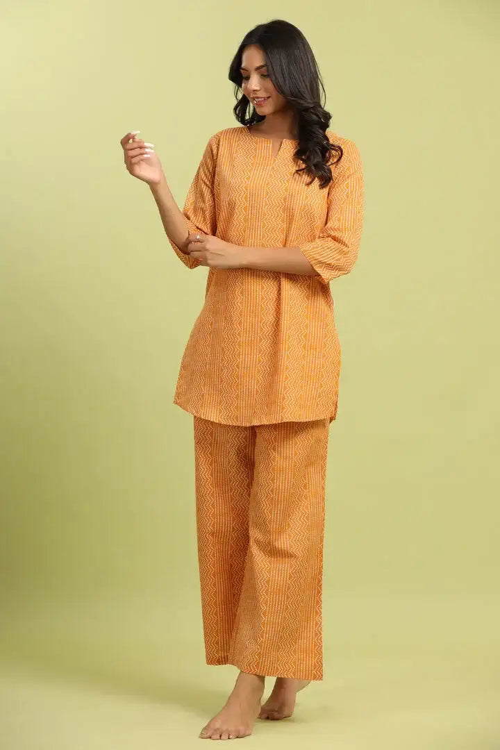 Patterned Bandhej on Cotton Mustard Palazzo Loungewear Set