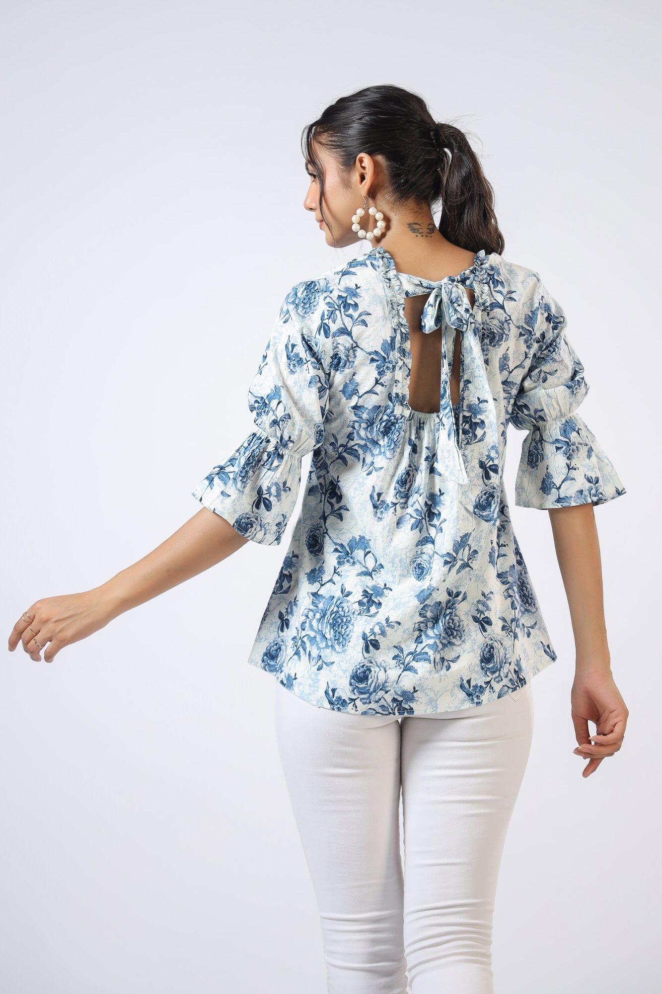 Serene Sky Rose Jaal Cotton Top