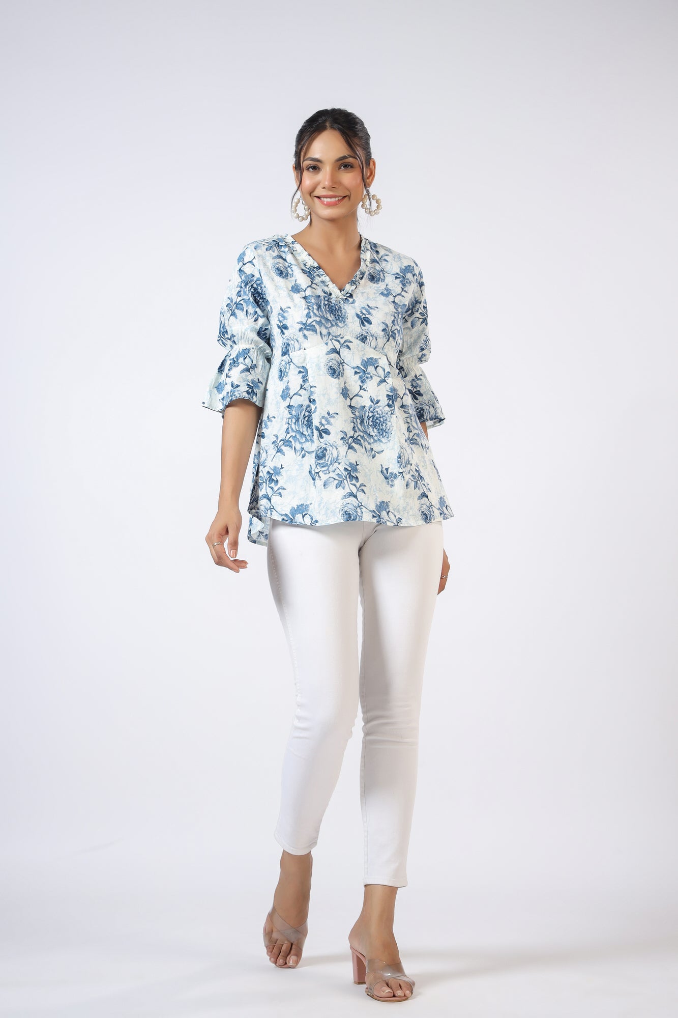 Serene Sky Rose Jaal Cotton Top